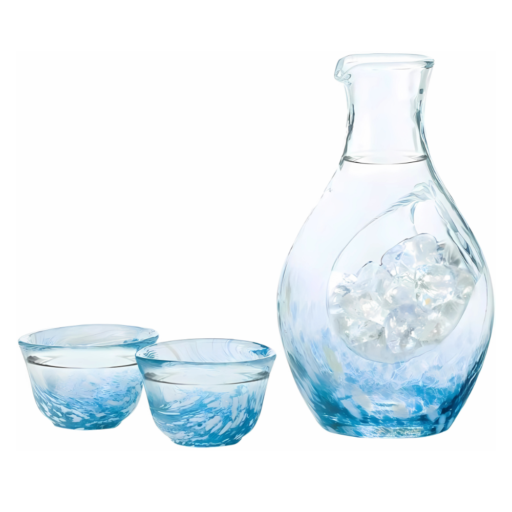 手工製作清酒玻璃系列藍色(1 個玻璃水瓶和 2 個清酒杯)