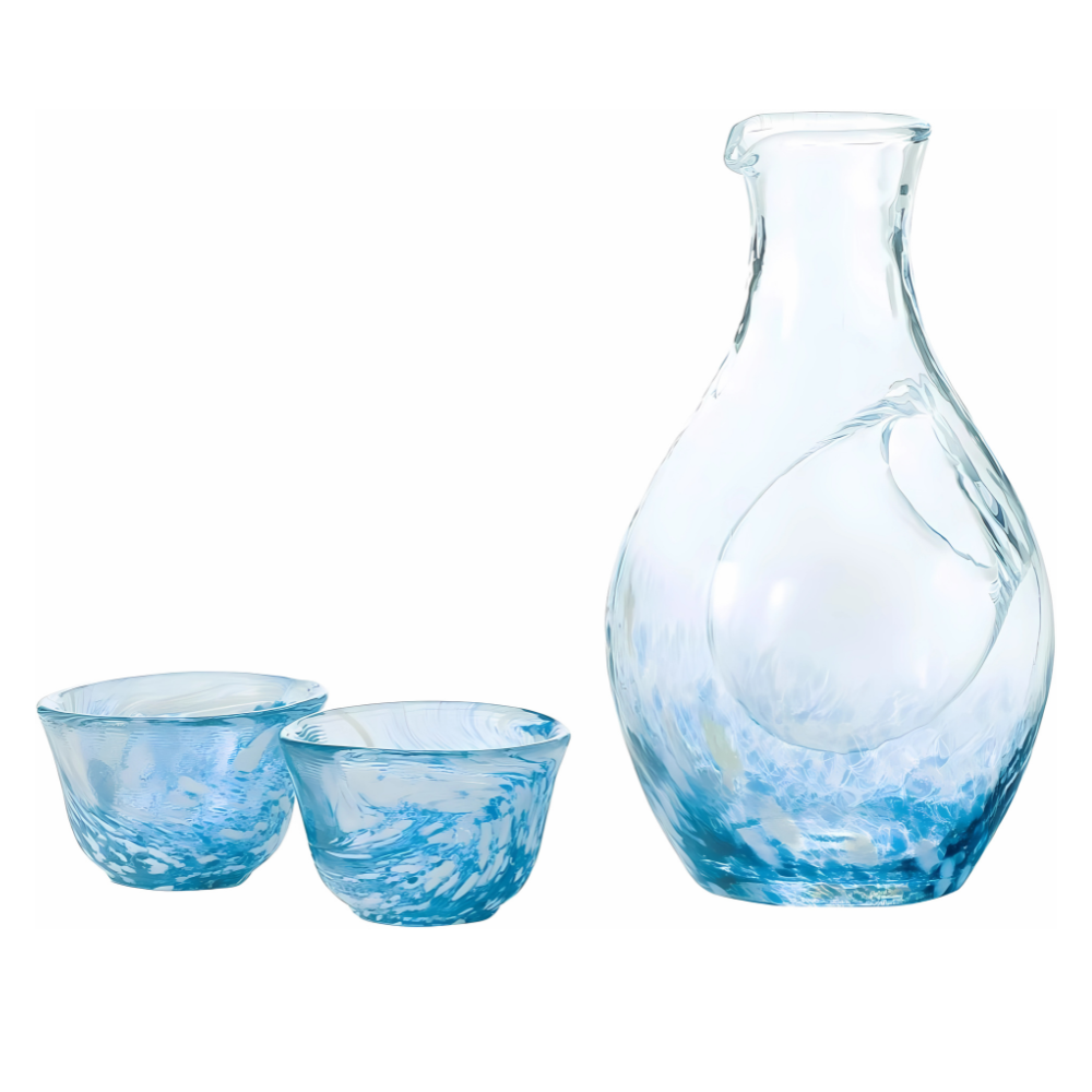 手工製作清酒玻璃系列藍色(1 個玻璃水瓶和 2 個清酒杯)