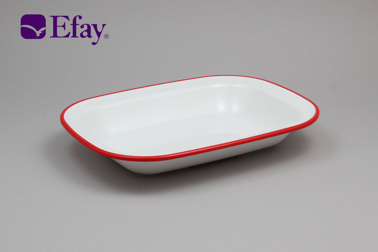 Enamel Rectangular Pie Dish 9" - White/Red Rims