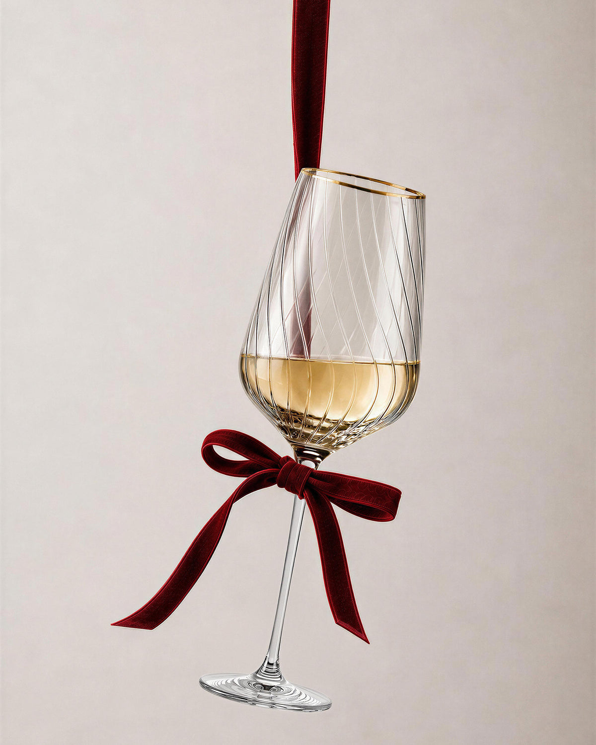 LUCARIS crystal Chardonnay glass tied with a burgundy velvet bow