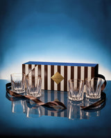 LUCARIS Holiday Atelier Gather Whisky Set: four Pavilion Dazzle crystal tumblers with the brown striped gift box