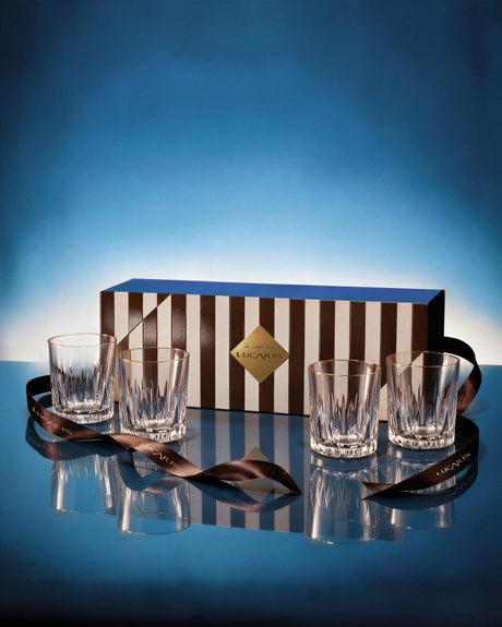 LUCARIS Holiday Atelier Gather Whisky Set: four Pavilion Dazzle crystal tumblers with the brown striped gift box