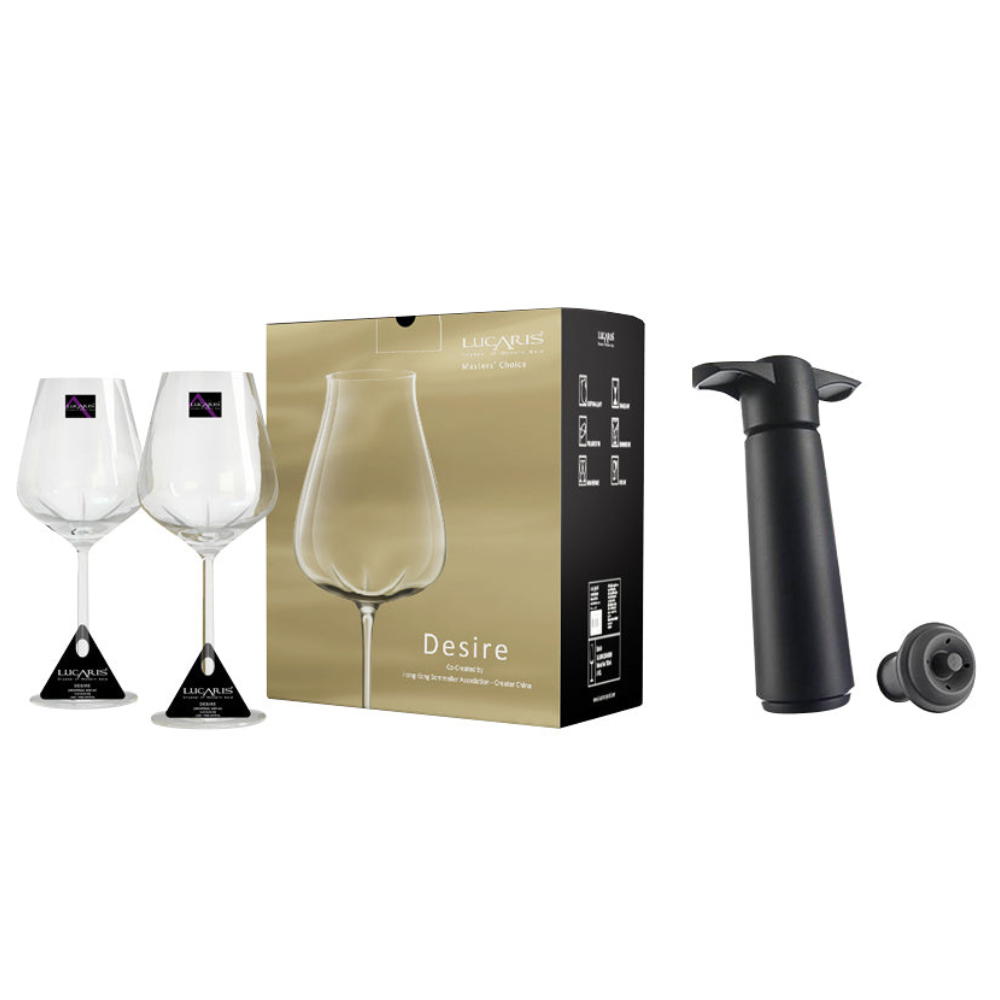 Lucaris Desire Universal 2pc + WINE SAVER PUMP WITH 2 VACUUM BOTTLE STOPPERS