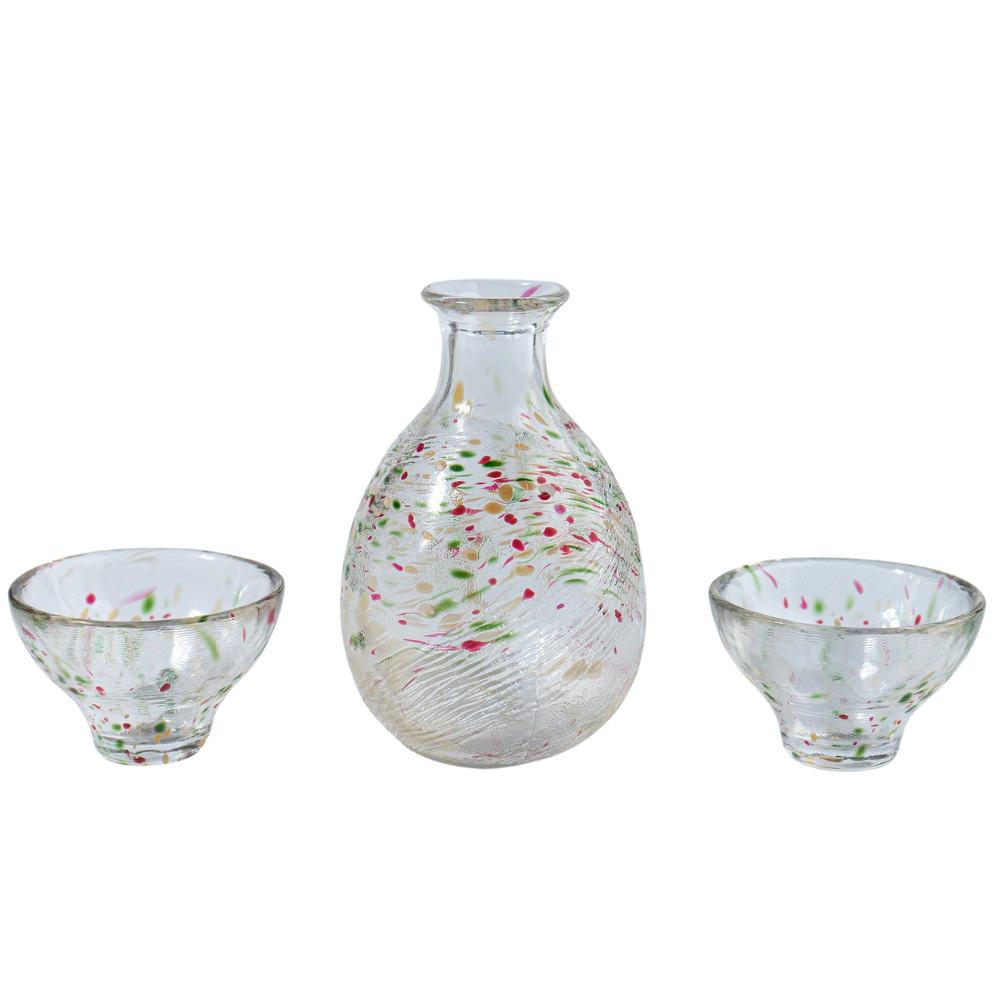 Handmade Sake Cup & Carafe Set - Pink/Green