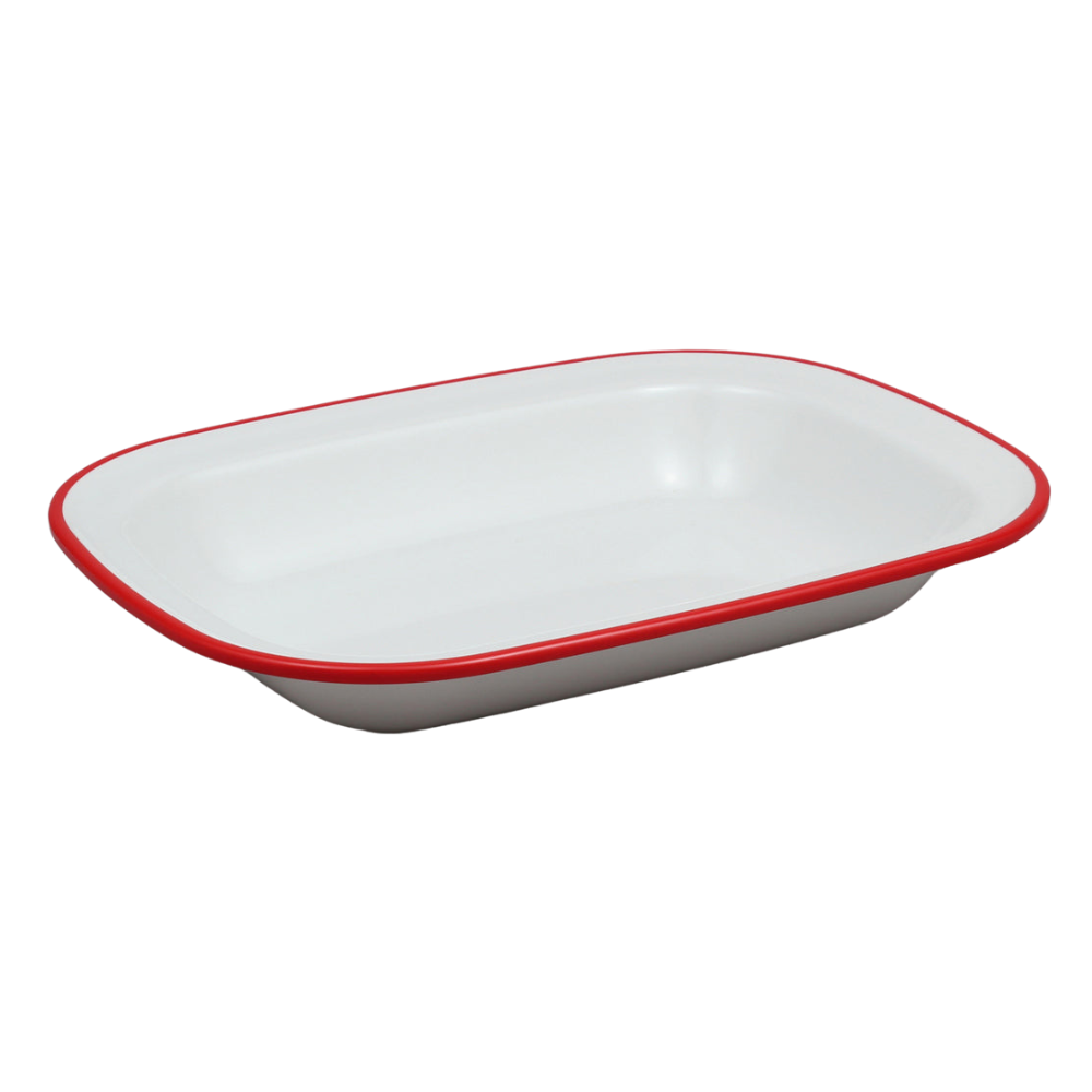 Enamel Rectangular Pie Dish 9" - White/Red Rims