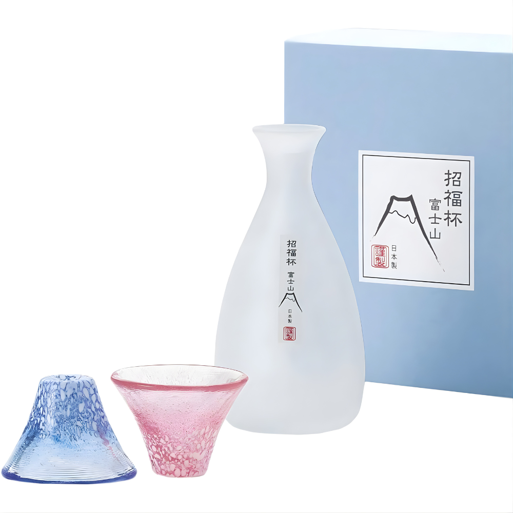 Mount Fuji Sake Cup & Carafe Box Set (Blue/Pink)